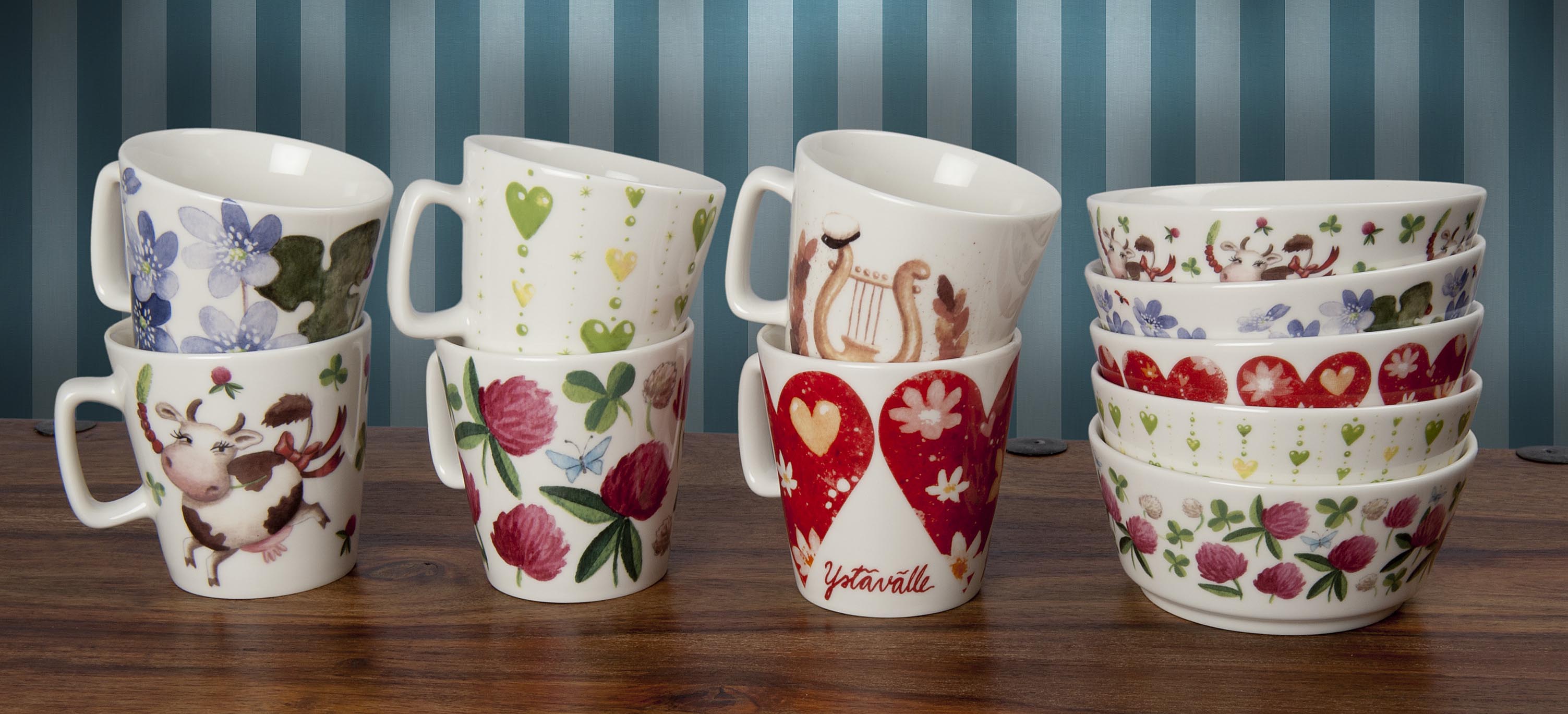 Mugs and bowls decorated with ceramic decals